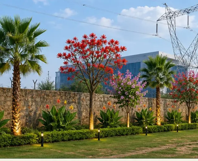 Colourful landscaped garden with palms